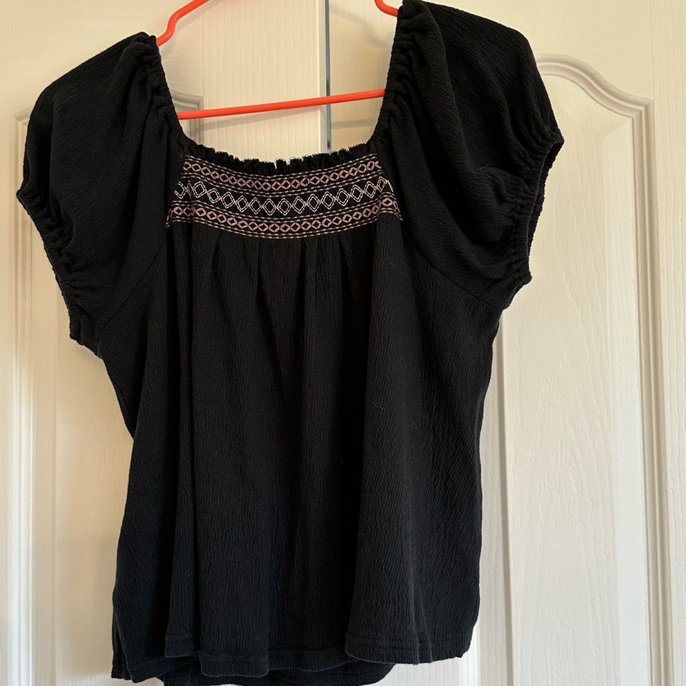 Madewell Black Embroidered Smocked Puff Sleeve Blouse
